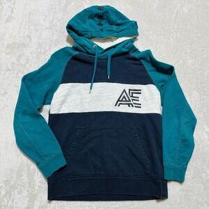 Y2K American Eagle Outfitters AE Graphic Colorblock Hoodie Teal Navy Men's S